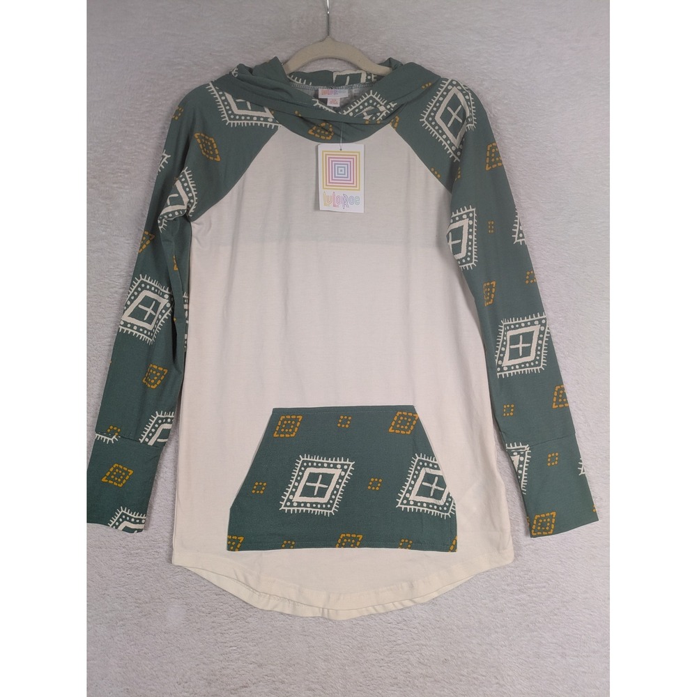 NEW LuLaRoe Amber Hoodie Women's XS Green Cream Geometric Raglan Pocket